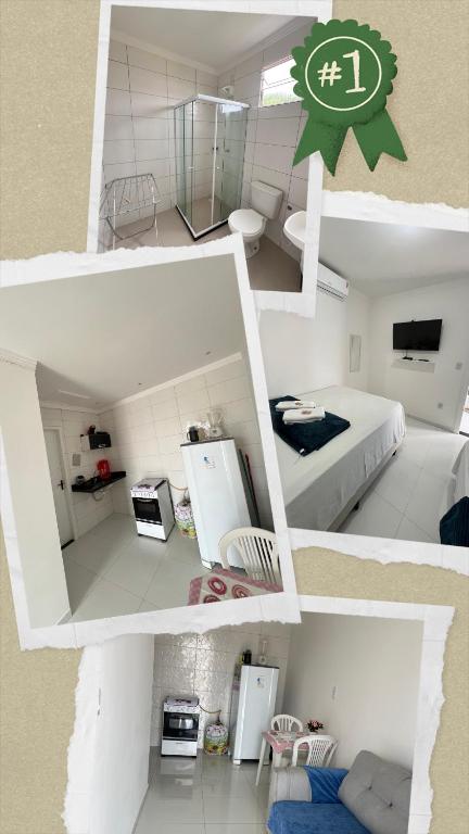 a collage of three pictures of a room with a bedroom at Kitnet em Santo Antônio in Mata de Sao Joao
