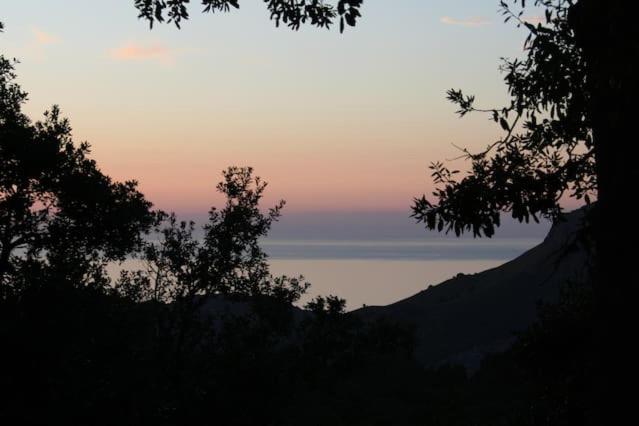 a sunset over a mountain with trees in the foreground at Sa Talaia in Lluc