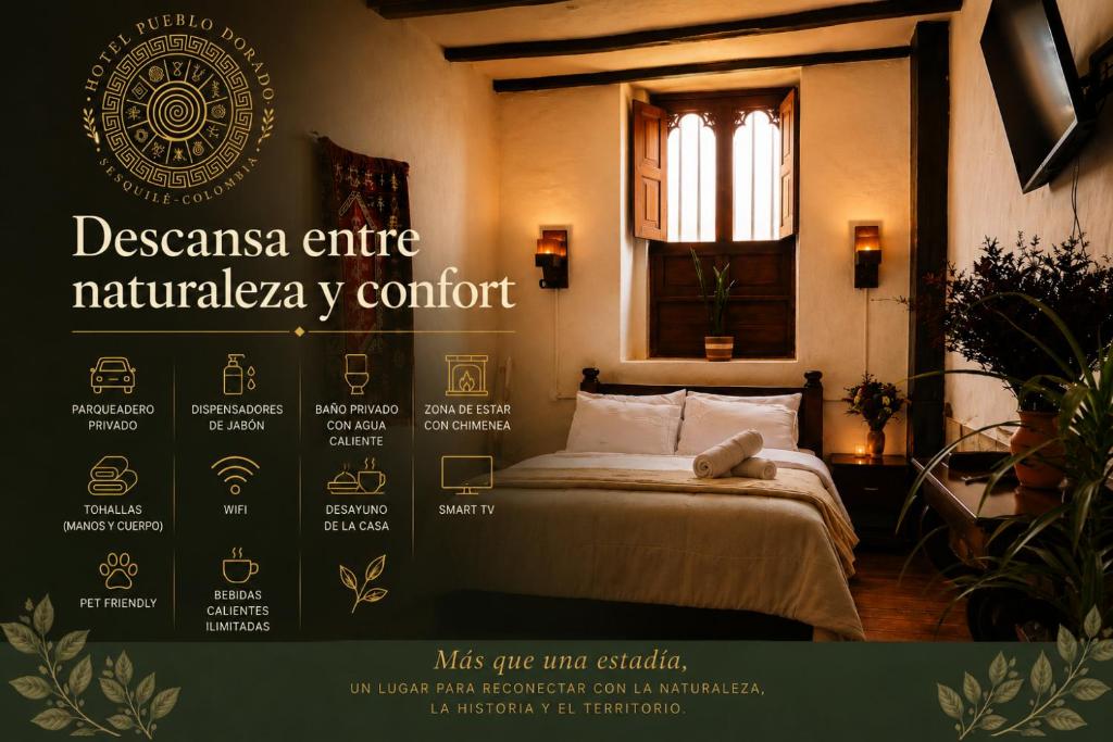 a sign in a bedroom with a bed and a window at Hotel Pueblo Dorado Sesquilé in Sesquilé