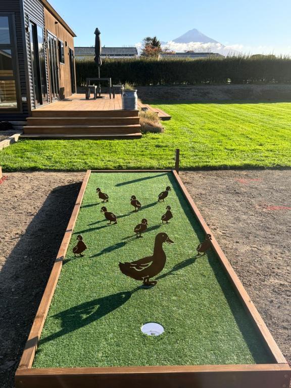 a group of ducks on the grass near a fountain at Peaceful On Pembroke with Mini Putt in Stratford