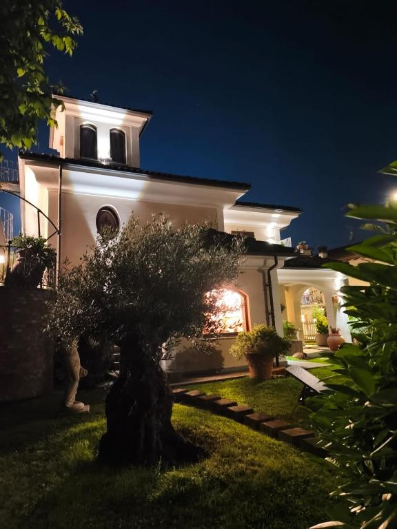 a house with a tree in the yard at night at B&B Montisclari in Monchiero