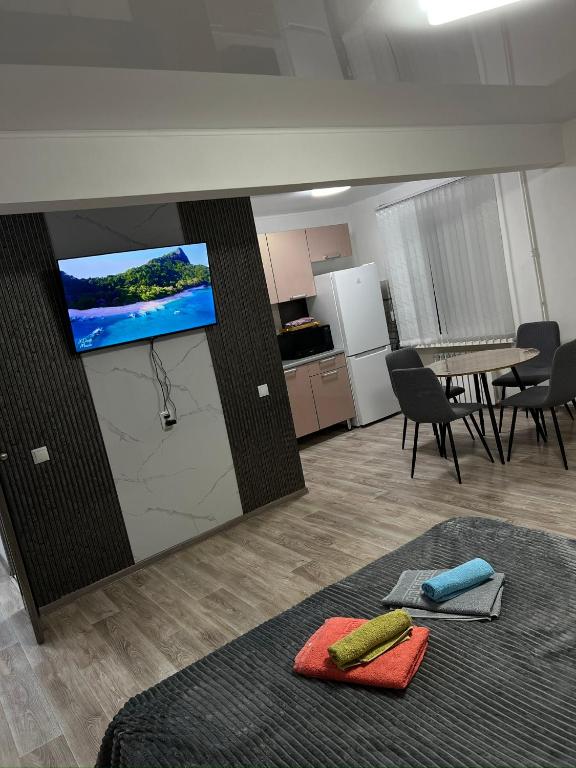 a living room with a flat screen tv on a wall at Однокомнатная квартира в центре города in Balqash