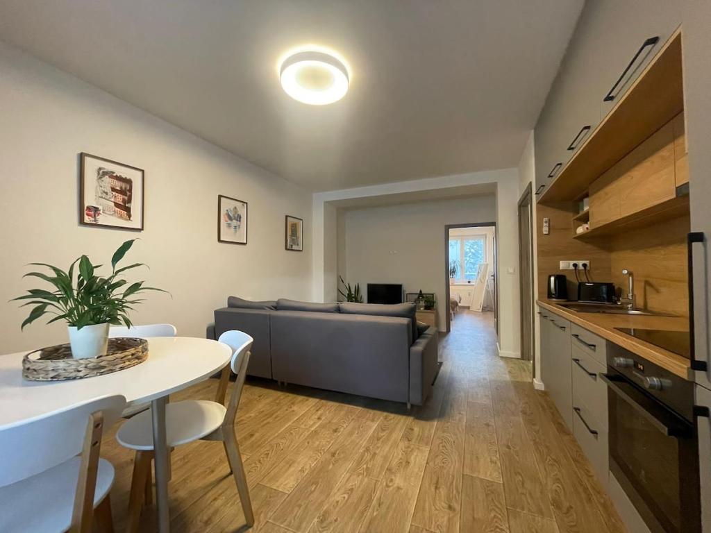 a kitchen and living room with a table and a couch at Modern flat in a city in Humenné