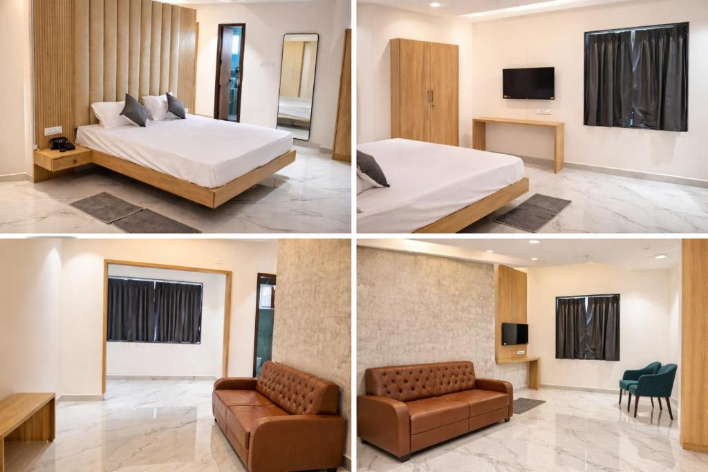 a hotel room with a bed and a couch and a tv at Golden Tulip Peddapally in Peddapalli