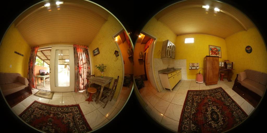 two circular images of a living room and a kitchen at Hibisco Rosa Aluguéis in Araçatuba
