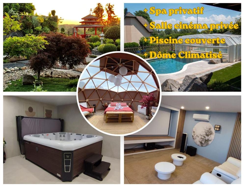 a collage of pictures of a spa apartment with a spa tub at Dôme du levant SPA Cinéma Piscine et Climatisation in Holving