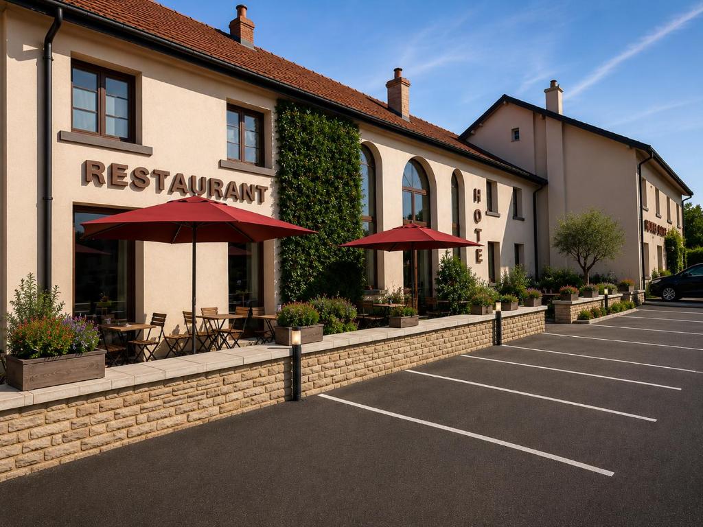 a restaurant with red umbrellas in a parking lot at Hôtel Le Clos des Arts in Gevrey-Chambertin