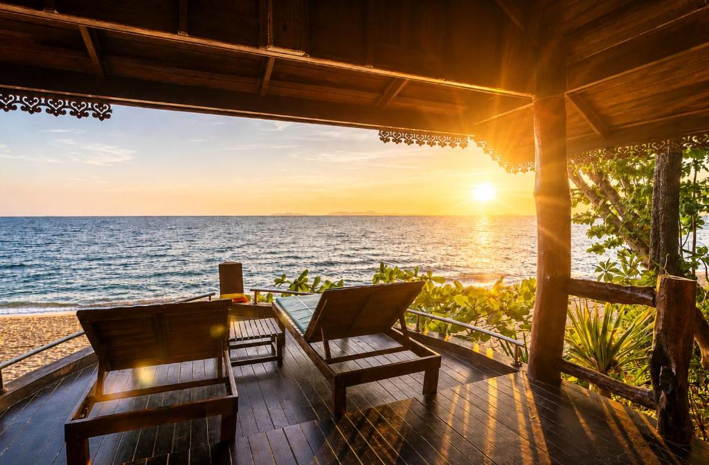 a porch with a table and chairs and the ocean at Ting Rai Bay Resort in Ko Jum