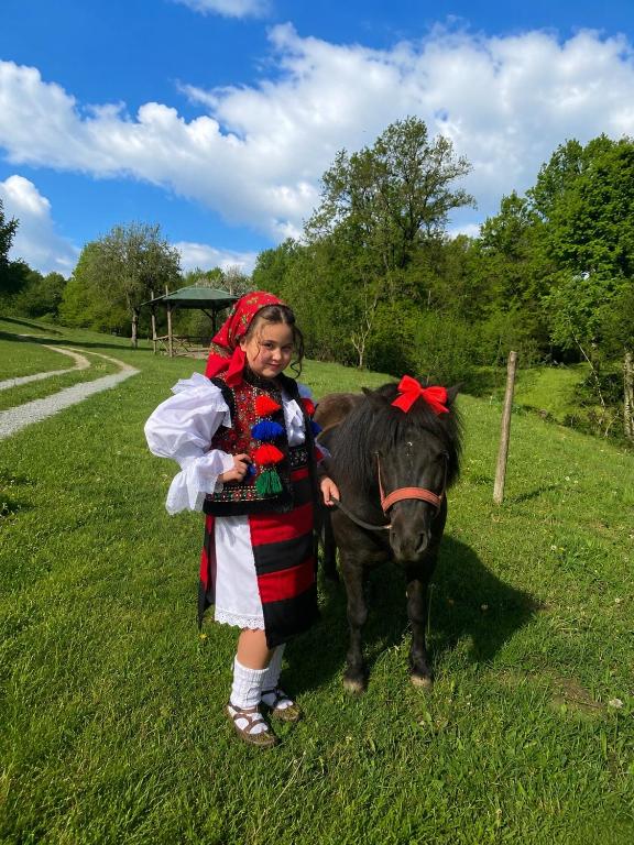 a little girl standing next to a small donkey at Casa de la ferma Mariuca in Berbeşti