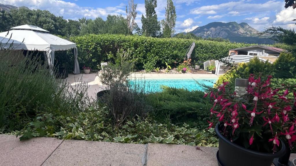 a swimming pool in a yard with flowers in a garden at Les Freds in Ventavon