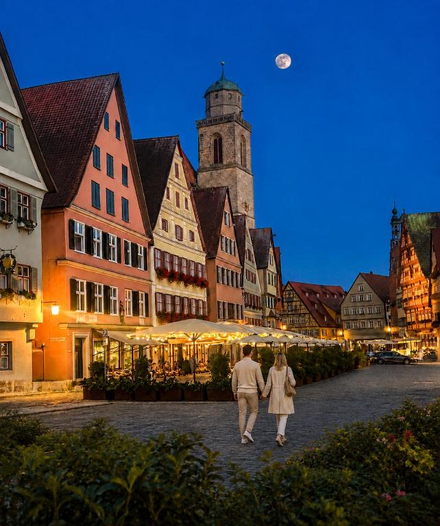 a man and woman walking through a town at night at Meiser Altstadt Hotel in Dinkelsbühl