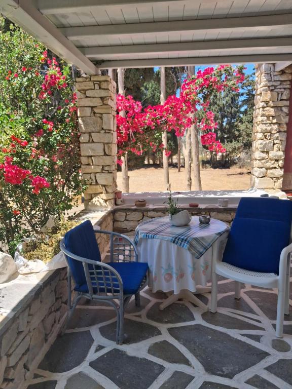 a patio with a table and two chairs and flowers at kikis apartments in Drios