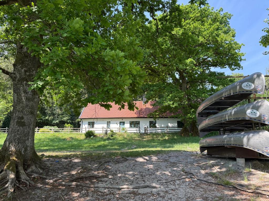 a slide in front of a house with a tree at Fiskarhuset - seaside cottage 4 pax in Sjöbo