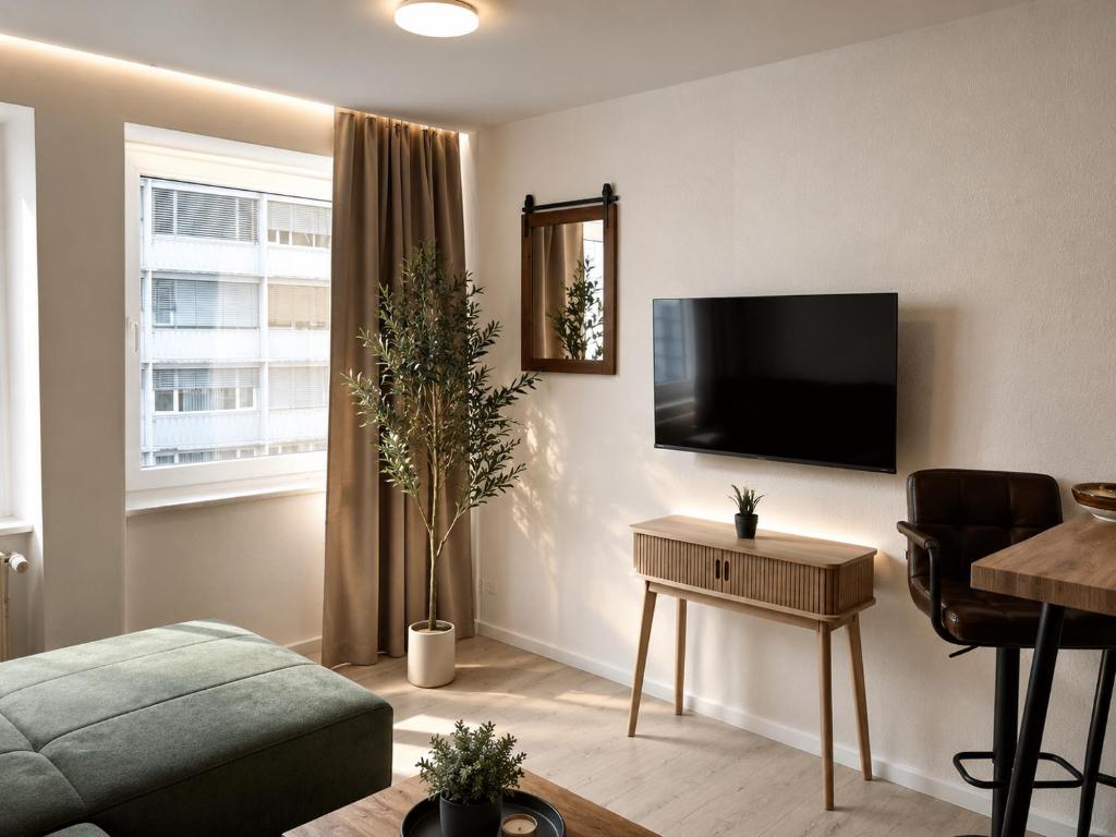 a living room with a flat screen tv on a wall at NOBLE APART Saarbrücken City Center in Saarbrücken