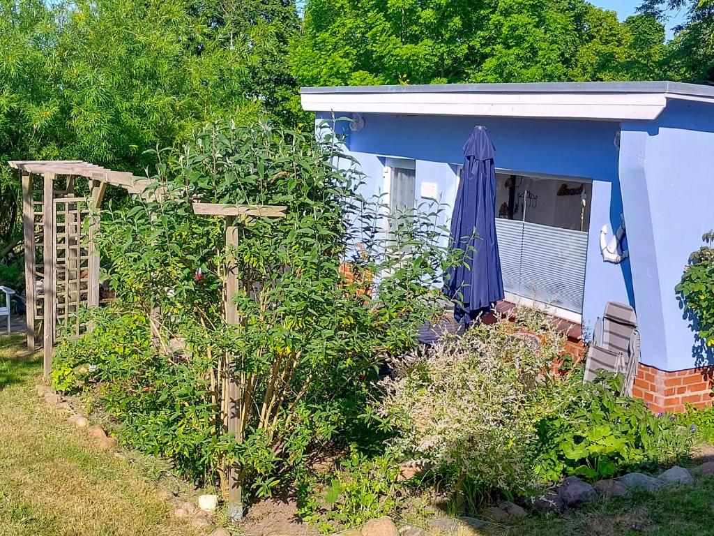 a blue house with a garden in front of it at Bungalow Koje in Kröslin