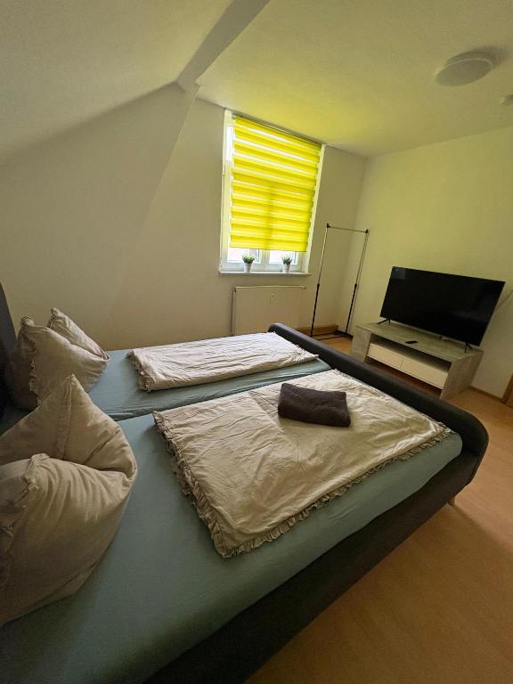 a bedroom with two beds and a flat screen tv at Apartment Zeitz Zangenberg groß in Zeitz