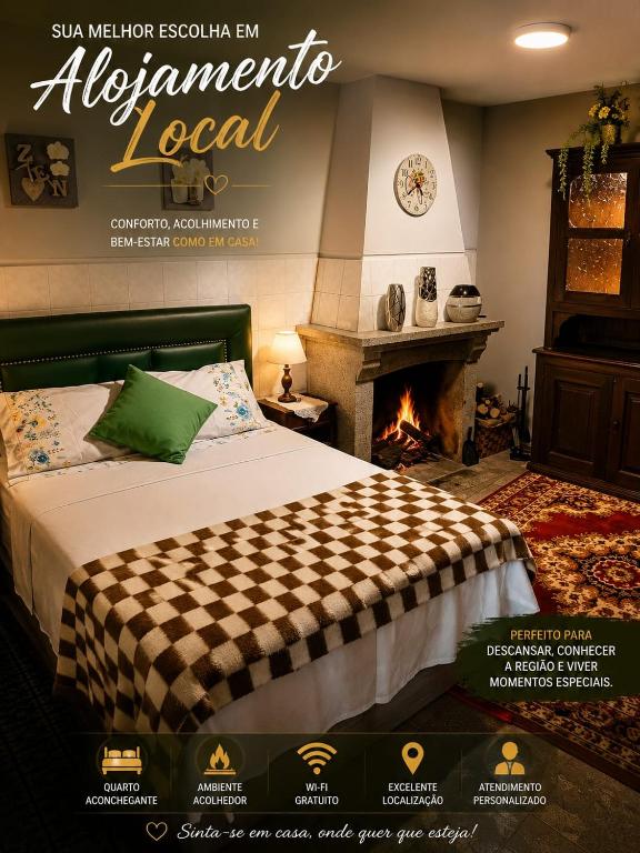 a poster of a bedroom with a bed and a fireplace at Alojamento Excalibur in Meda