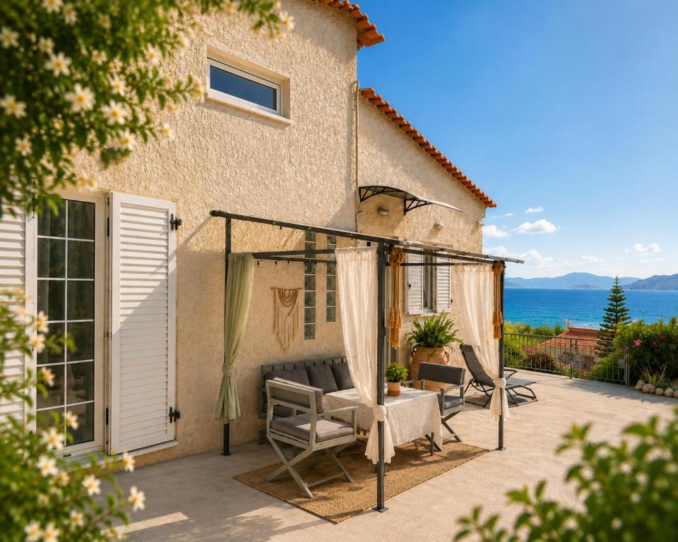 a patio of a house with a table and chairs at Terra Saronia in Metamórfosis