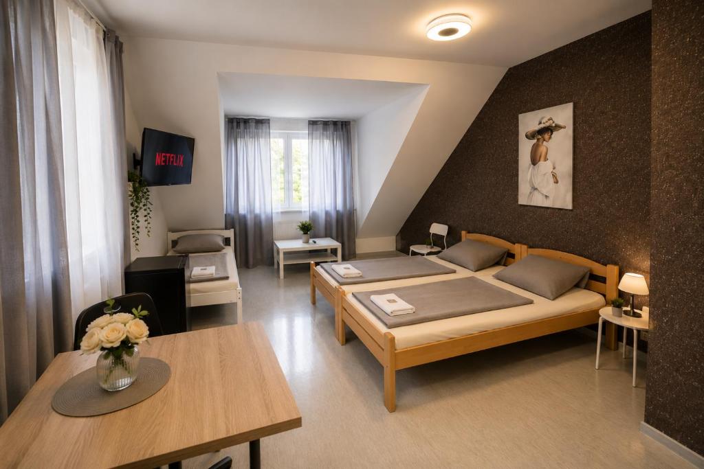 a living room with a bed and a table at Moderne Appartement in Nuremberg