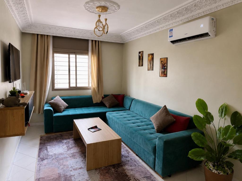 a living room with a blue couch and a table at Séjour Confort clim Navette Aéroport in Salé