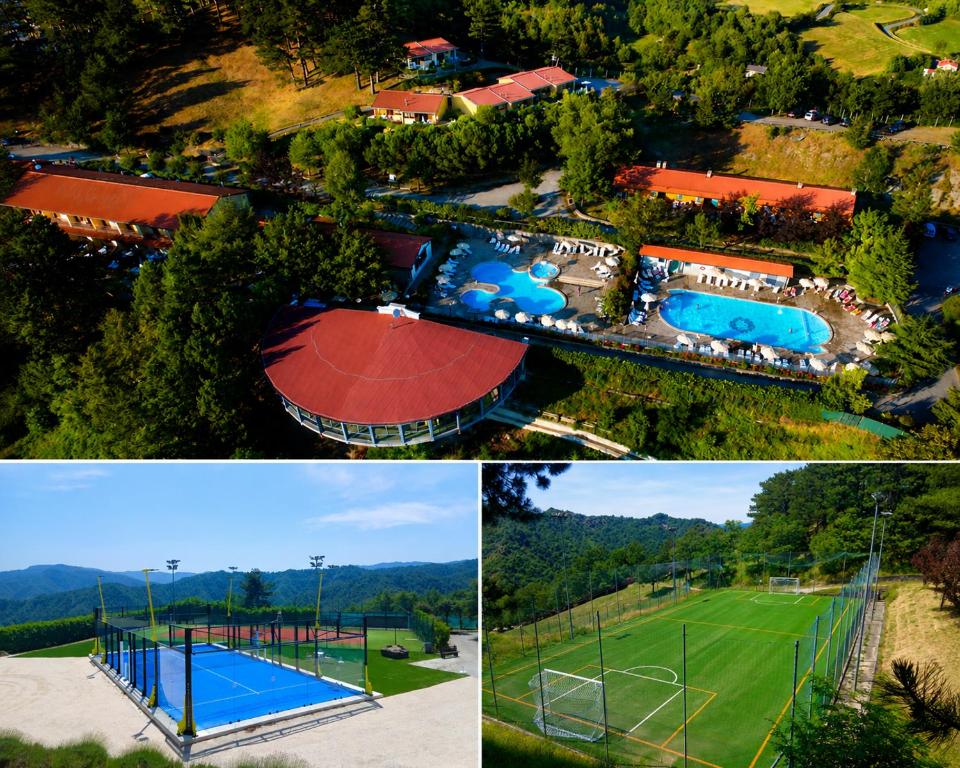 a collage of pictures of a house and a tennis court at I Cancelli -Mugello Park Family Village in Palazzuolo sul Senio