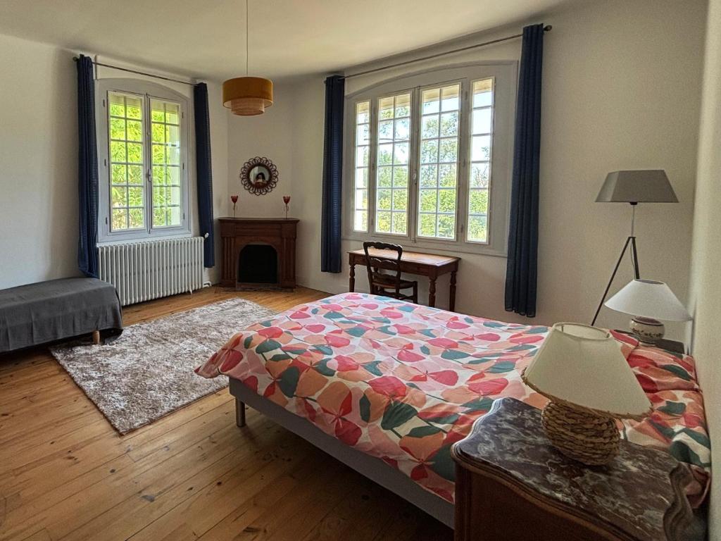 a bedroom with a bed and two windows at Chambre spacieuse in Pineuilh