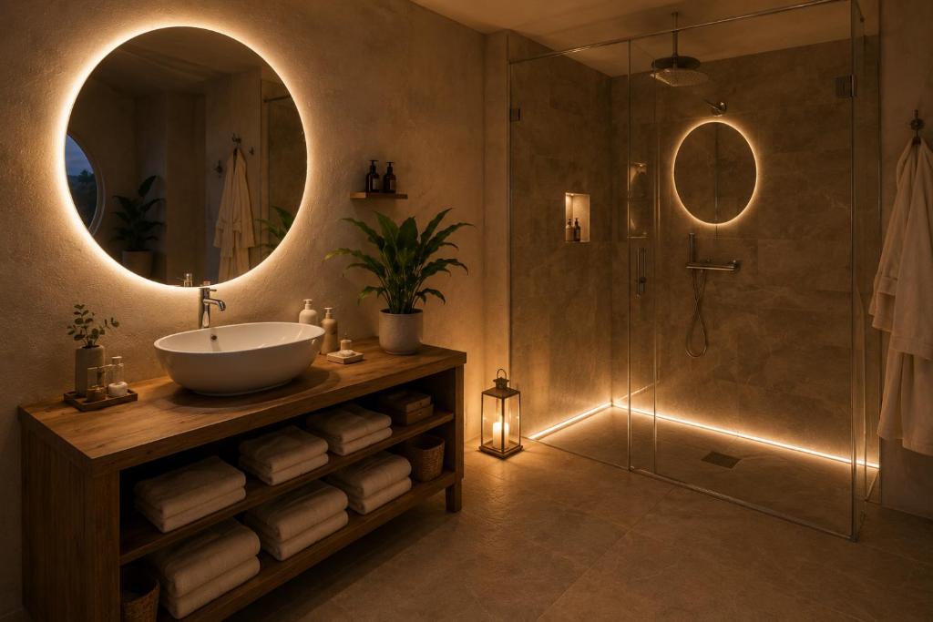 a bathroom with a sink and a shower at Buba Glamp - Hotel Burbuja in Blascoeles