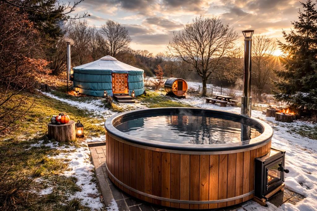a hot tub in the snow next to a yurt at Jurta pod Blaníkem s wellnes in Chotýšany