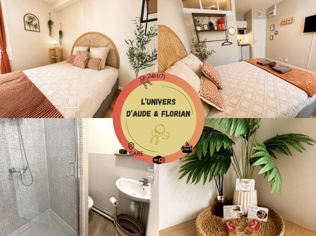 a collage of pictures of a bedroom and a bathroom at Studio Sunshine Saint-Omer Centre in Saint-Omer