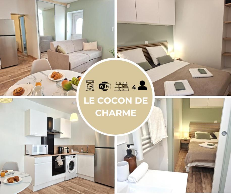 a collage of photos of a bedroom and a living room at Le Cocon de Charme - 4pers - 2min Halle Marcadieu - 6min centre ville in Tarbes