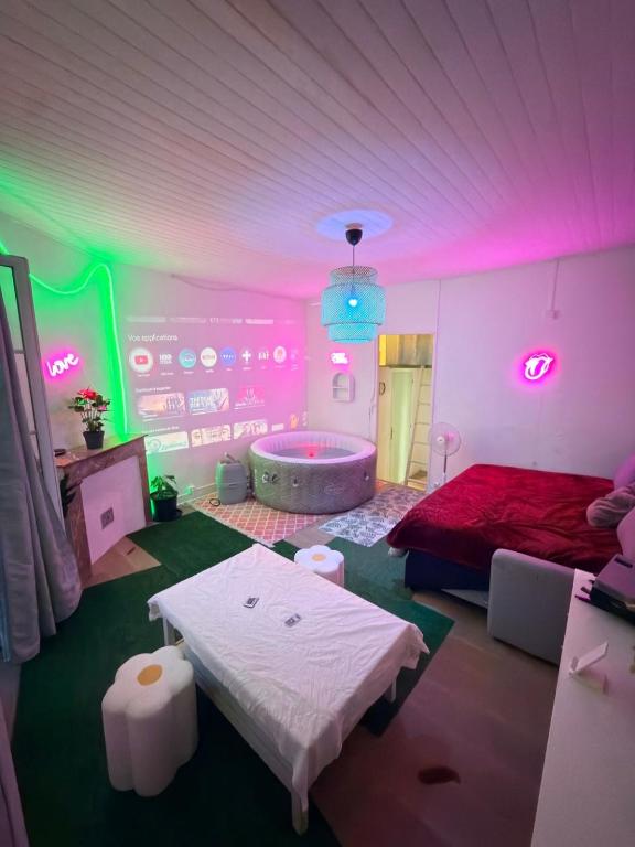 a room with a bed and a tub in it at Un Jacuzzi dans le centre in Bordeaux