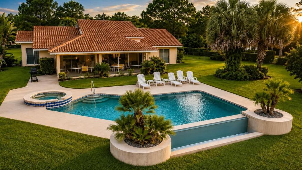 a house with a swimming pool in the yard at SWISS 61 - Lake Denise in Clermont
