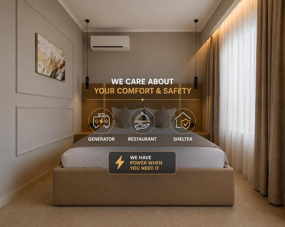 a room with a bed with a sign that says we care about your comfort at Boomerang Boutique Hotel in Odesa