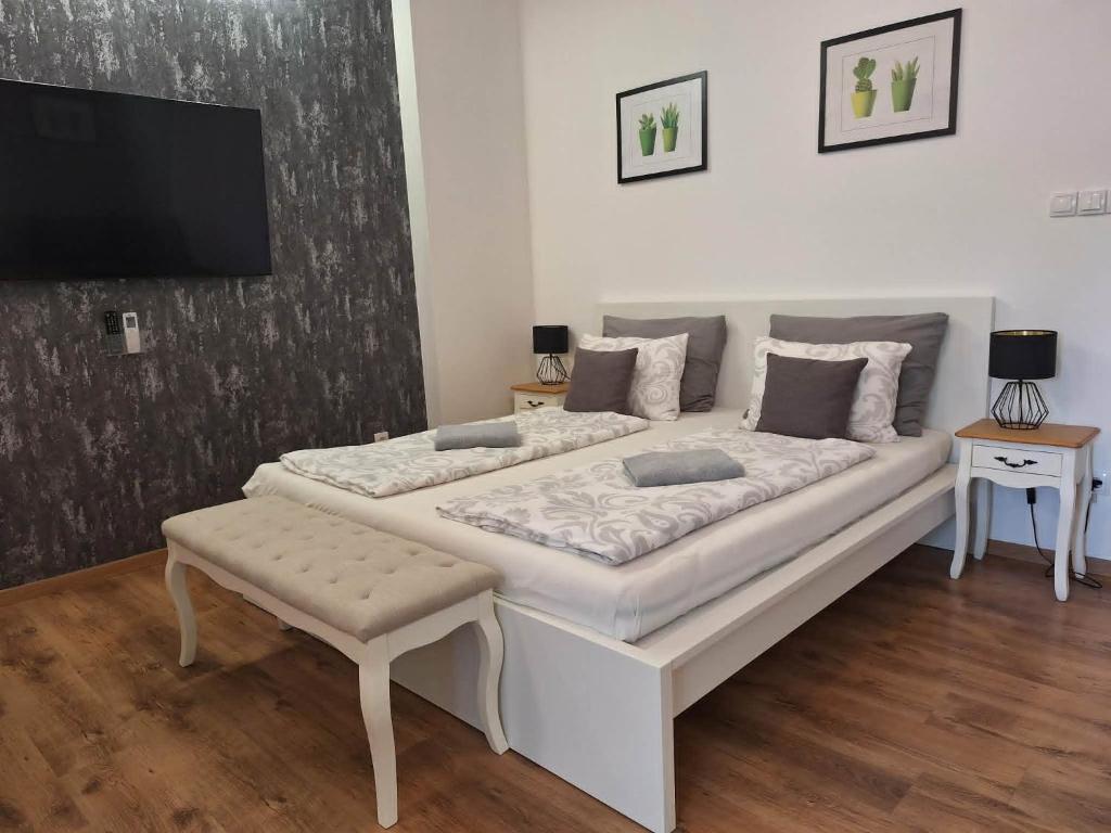 a bedroom with a large white bed with a flat screen tv at Eurovelo6 Stop in Solt