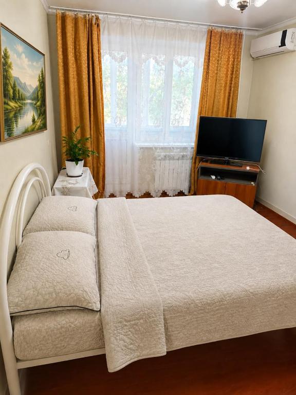 a bedroom with a large bed and a television at квартира жубанова in Aktobe