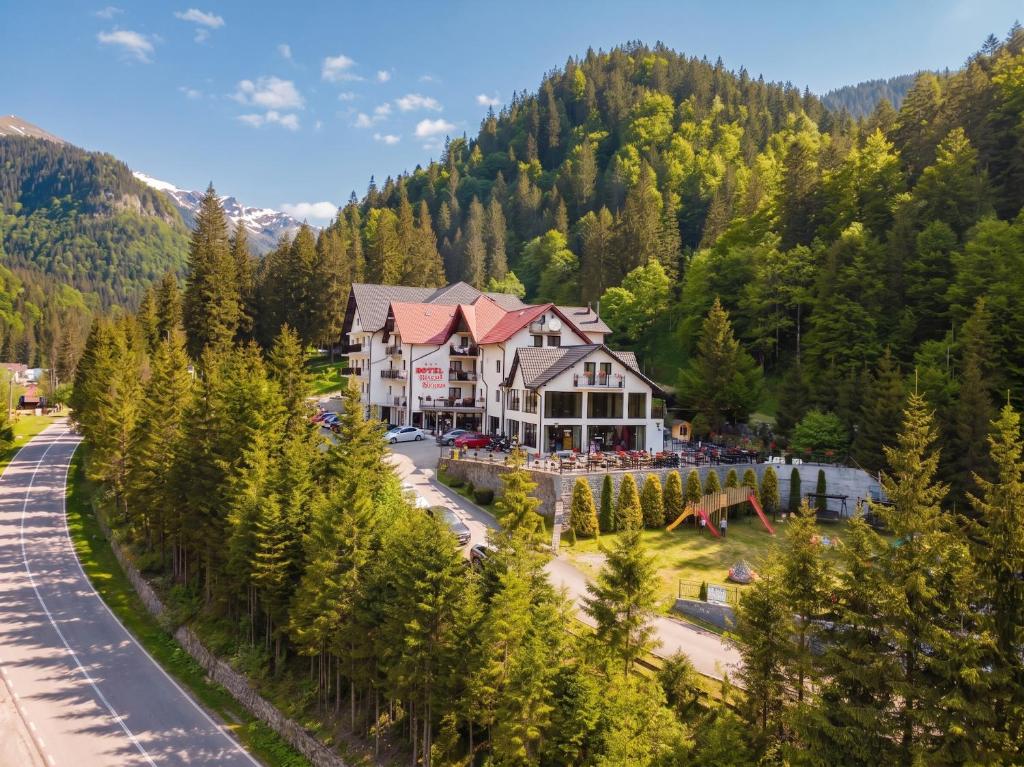 an aerial view of a house in the mountains at Piscul Negru Hotel - Transfagarasan in Cumpăna