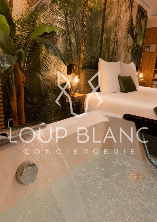a hotel room with a bath tub and a bed at Spa et sauna - Loft Cataleya in Belfort