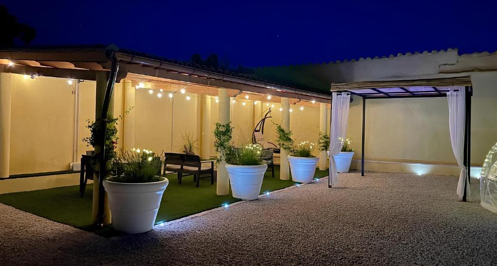 a row of potted plants on a patio at night at Costa Ovest Apartment 3 in Nurachi