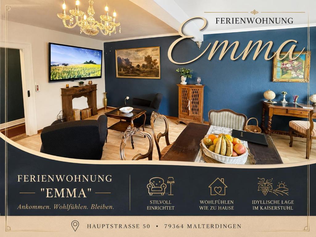 a room with a table with a bowl of fruit at Ferienwohnung Emma - WLAN, Küche, TV, Bad, ca 15 Min zum Europa Park in Malterdingen