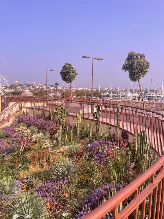 a garden with flowers and trees and a fence at Escapade Antiboise avec parking inclus in Antibes