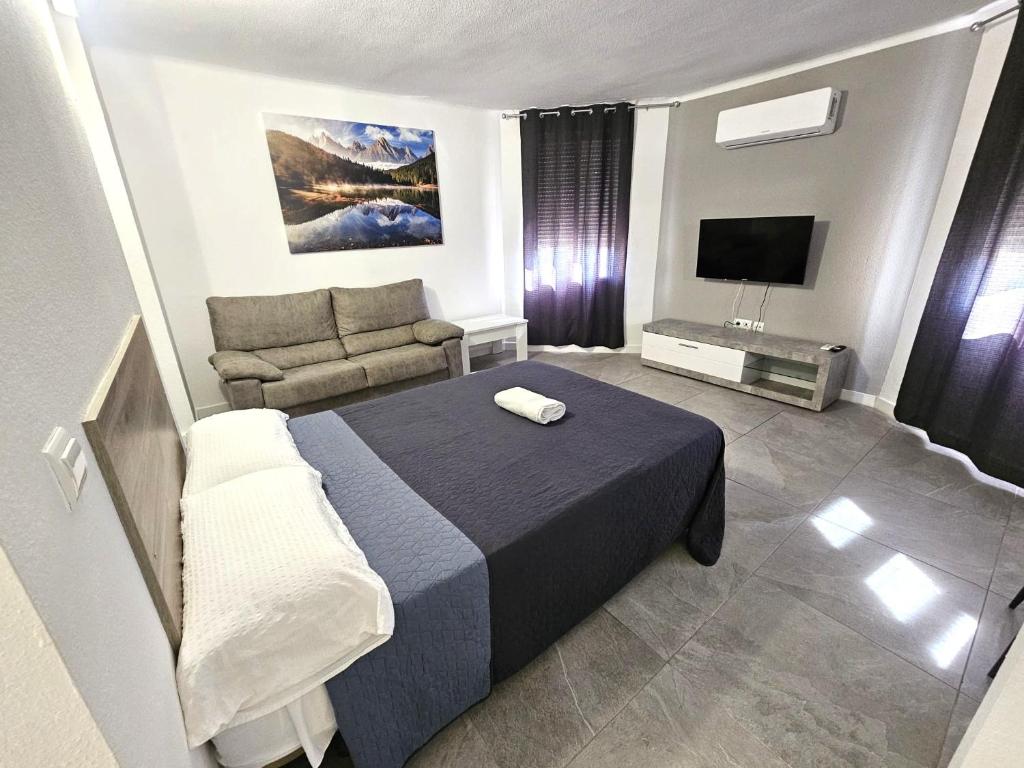 a bedroom with a bed and a couch and a television at Hotel Velis in Vélez-Málaga