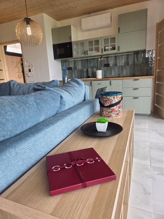 a living room with a blue couch and a table at Hillside Olive Apartmanház közös WELLNESsell in Pécs