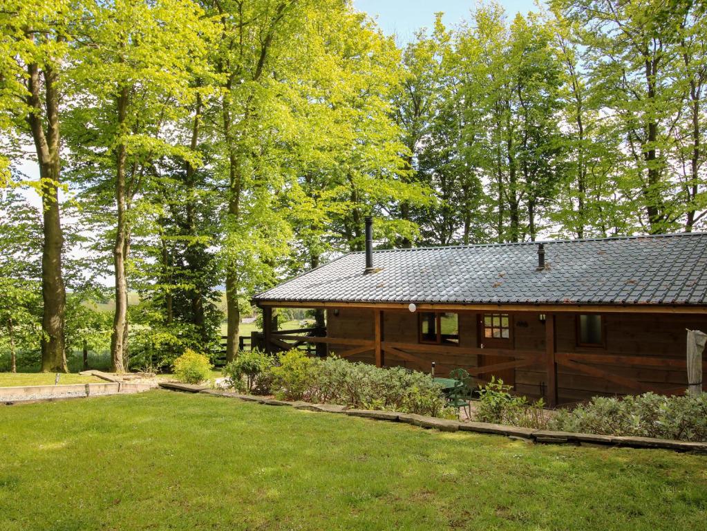 a wooden house in the middle of a yard at Valley View Lodge in Trelystan