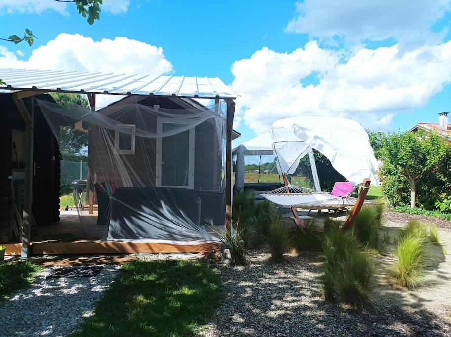 a couple of beds in a tent in a yard at Tiny house tout inclus in Fronton