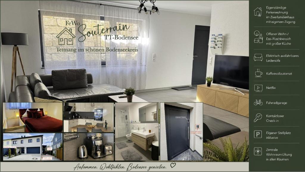 a collage of photos of a living room at FeWo Souterrain TT-Bodensee in Tettnang