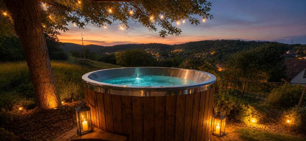 a hot tub with lights and a tree with a sunset at Vass-Villa Vendégház in Szekszárd