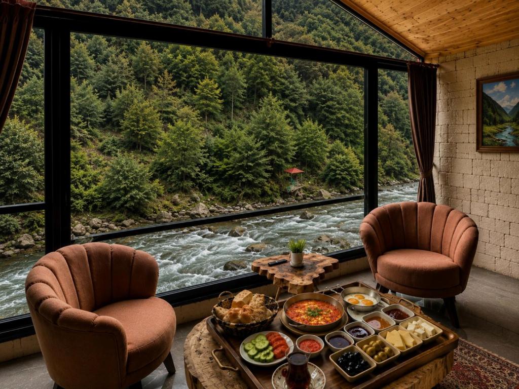a room with a table with food and a view of a river at Villa Del Rio Karadeniz River Palace Ayder in Çamlıhemşin