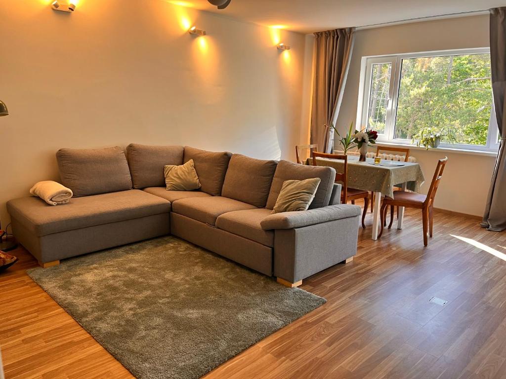 a living room with a couch and a table at Leisi Forest View Apartment in Leisi