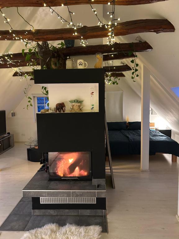 a living room with a fireplace in the middle at Charmantes und geräumiges Loft im DG eines Fachwerkhauses in Dortmund