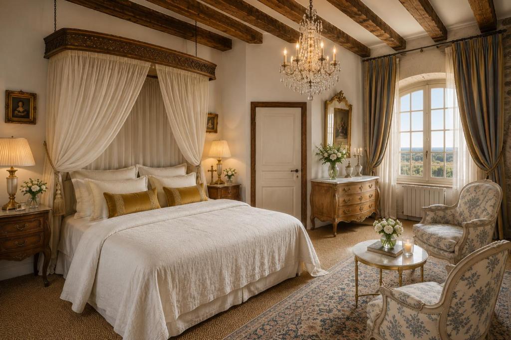 a bedroom with a bed and a chandelier at Château de Chalus-Chabrol in Châlus